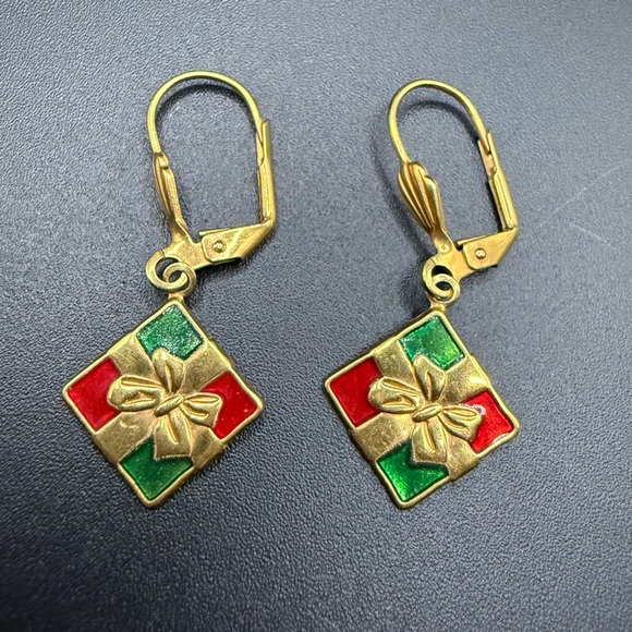 Jewelry - Gold Tone and Multicolor Gift Box Earrings Christmas Holidays Presents